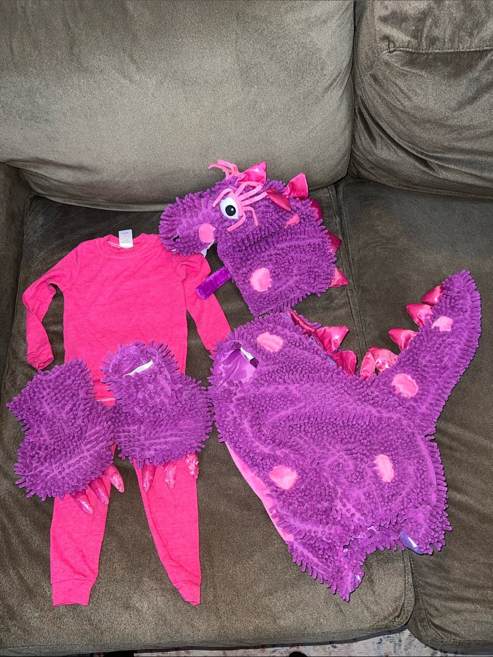 Kids Purple Dragon Costume Set with Hot Pink Undersuit - Plush Hood & Claw Mitts